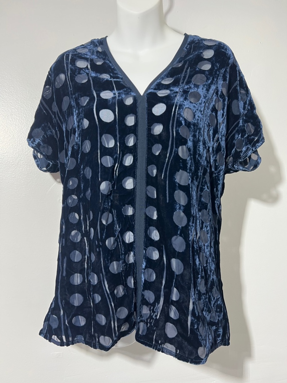 CAbi Navy Velvet Polka Dot V-Neck Top